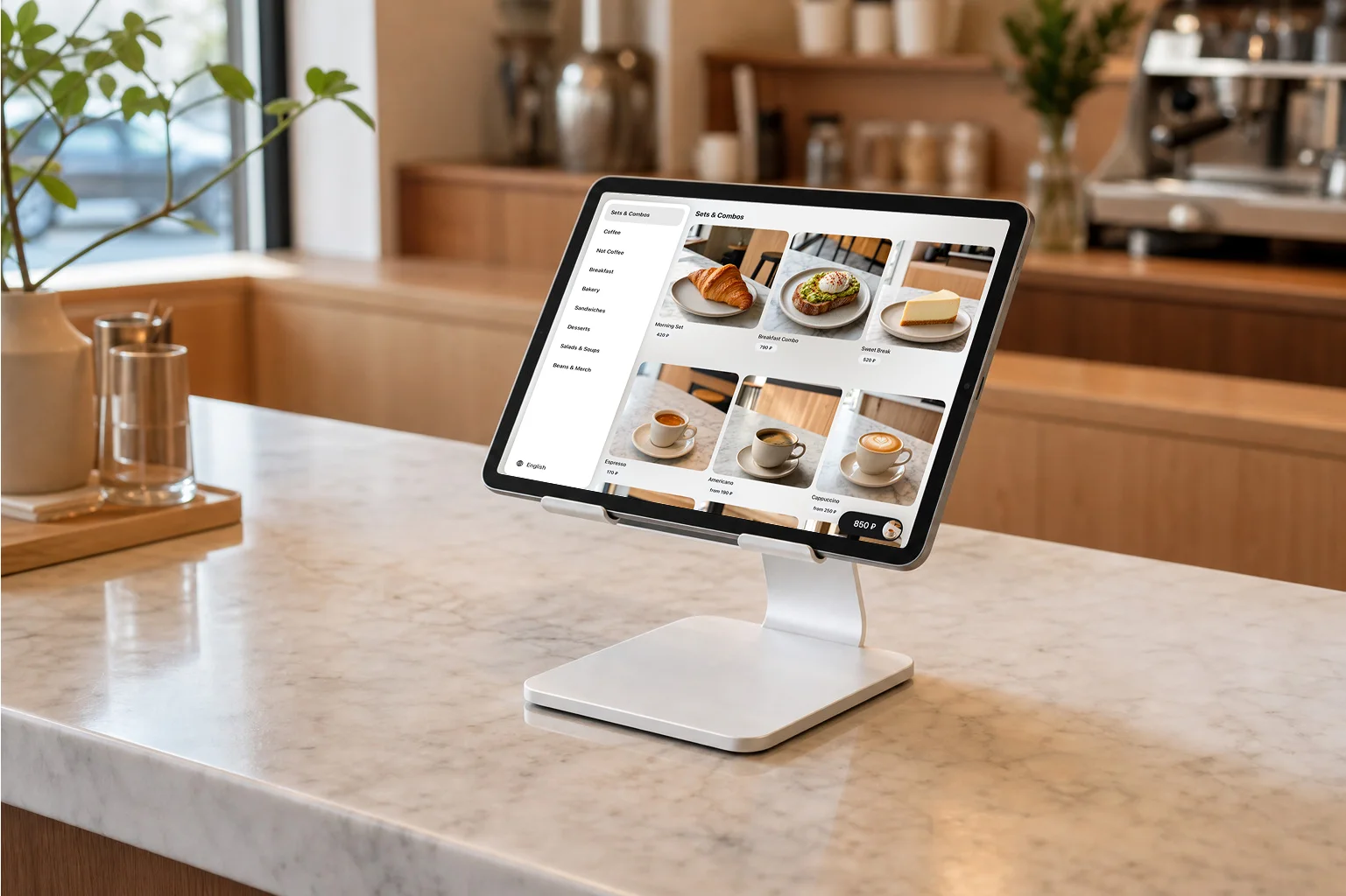 Sigmela kiosk: a guest picks dishes on an in-store screen